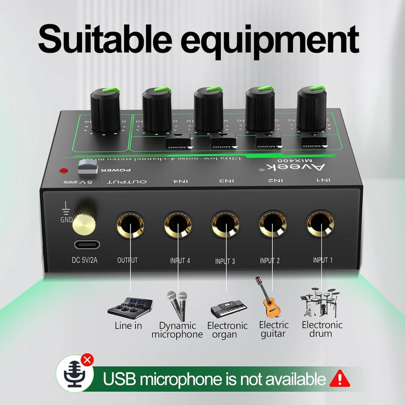 Aveek 4 Channel Mixer - Mini 4 Stereo Audio Mixer, Low-Noise for Precision Sub-Mixing,1/4" TRS Input/Output Ideal for Mics/Guitars/Bass/Stage - 3 x 4.4 x 1.3 inches - Image 4